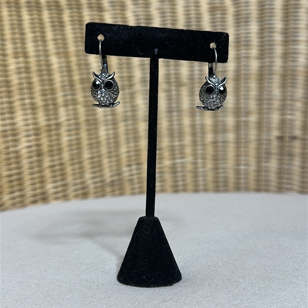 Adorable Antique Finished & Crystal Lever Back Owl Earrings